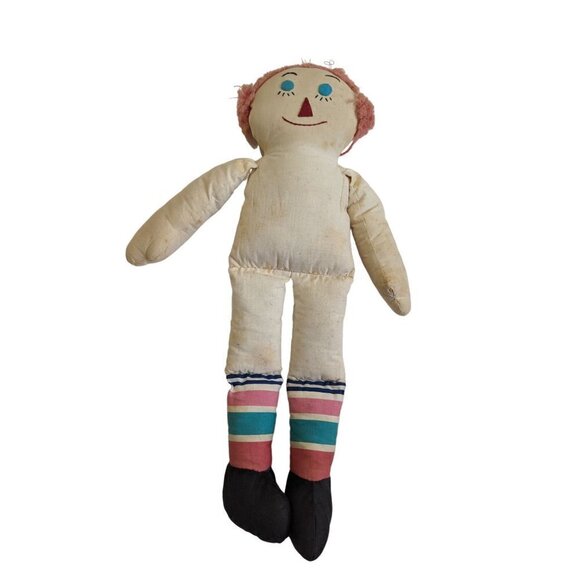 Vintage Handmade Raggedy Ann doll Embroidered face 19" red green pink stripes - Picture 4 of 7